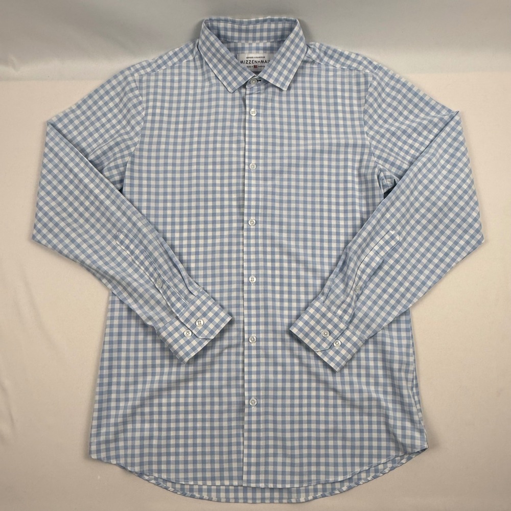 Mizzen+Main Leeward Trim Fit Dress Shirt Mens Large Blue White Gingham Check L
